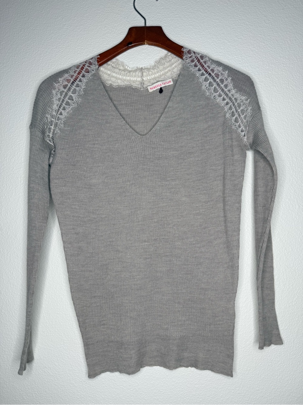 Rebecca Taylor Gray V-Neck Sweater with Lace Shoulder Panels
